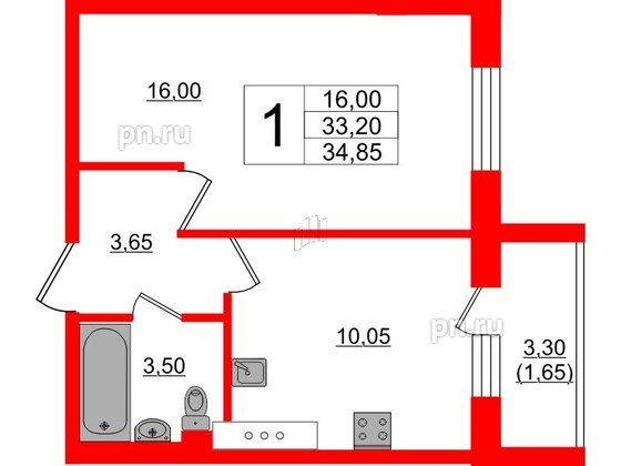 Квартира в ЖК Ленский, 1 комнатная, 34.85 м², 7 этаж