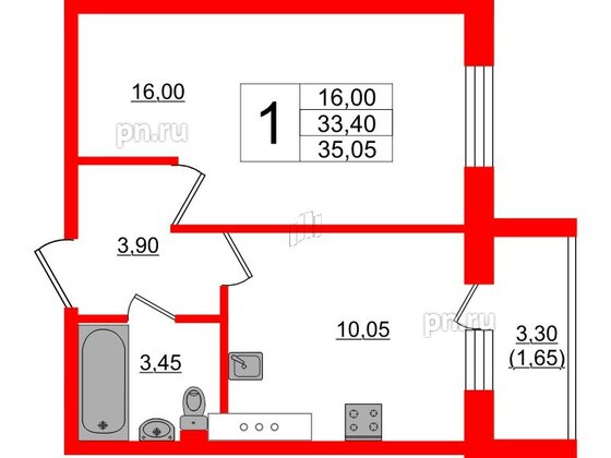 Квартира в ЖК Ленский, 1 комнатная, 35.05 м², 2 этаж