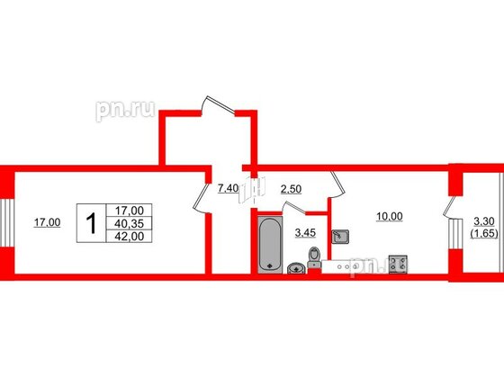 Квартира в ЖК Ленский, 1 комнатная, 42 м², 2 этаж