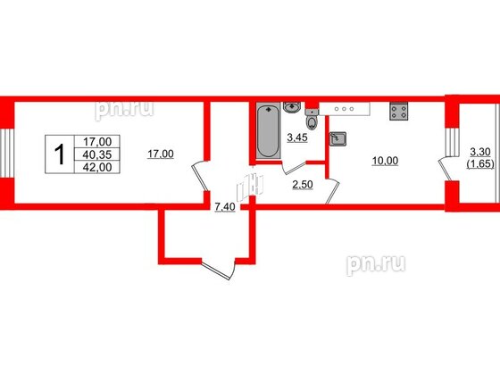 Квартира в ЖК Ленский, 1 комнатная, 42 м², 2 этаж