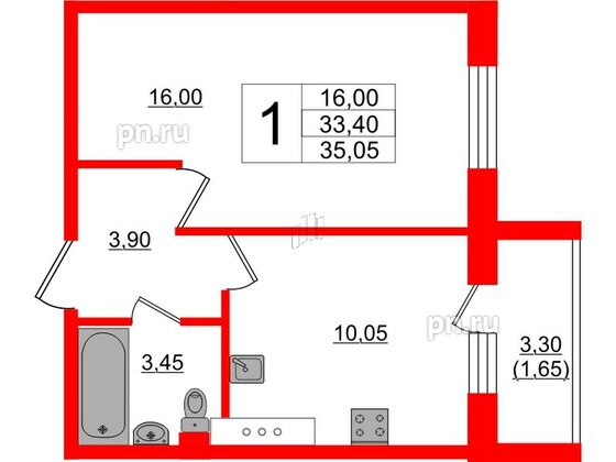 Квартира в ЖК Ленский, 1 комнатная, 35.05 м², 3 этаж