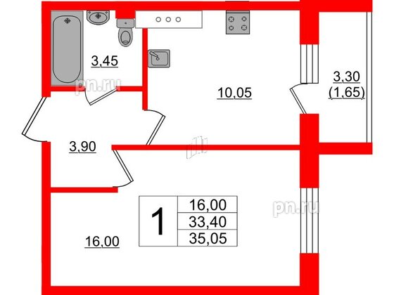 Квартира в ЖК Ленский, 1 комнатная, 35.05 м², 2 этаж