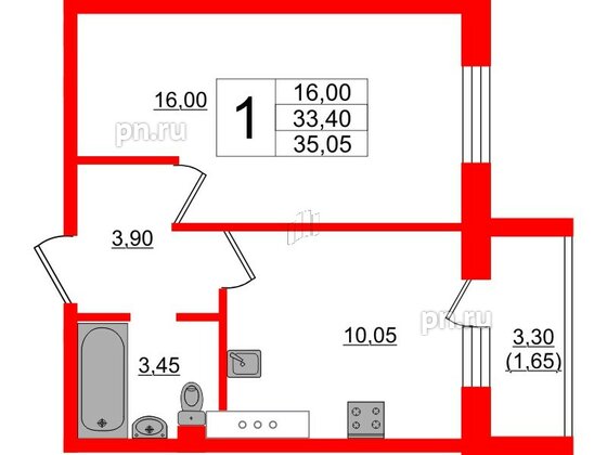 Квартира в ЖК Ленский, 1 комнатная, 35.05 м², 3 этаж