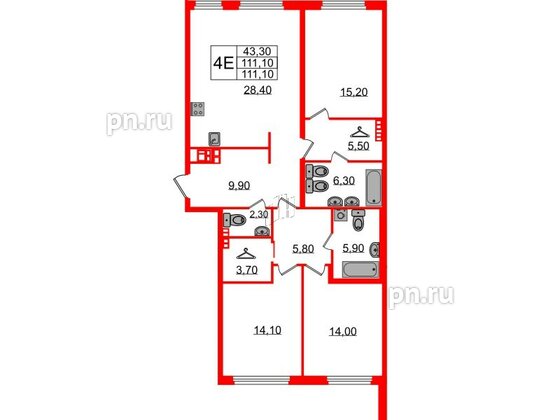 Квартира в ЖК Визионер, 3 комнатная, 111.1 м², 6 этаж