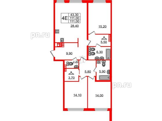 Квартира в ЖК Визионер, 3 комнатная, 111 м², 7 этаж