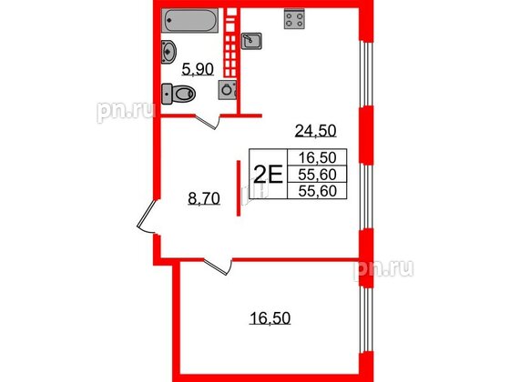 Квартира в ЖК Визионер, 1 комнатная, 55.6 м², 6 этаж