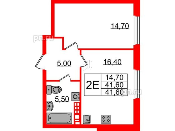 Квартира в ЖК Визионер, 1 комнатная, 41.7 м², 4 этаж