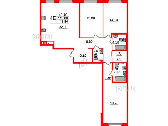 Квартира в ЖК Визионер, 3 комнатная, 113.9 м², 4 этаж