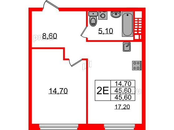 Квартира в ЖК Визионер, 1 комнатная, 45.6 м², 7 этаж
