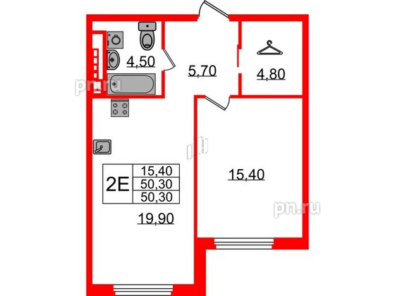Квартира в ЖК Визионер, 1 комнатная, 50.3 м², 4 этаж