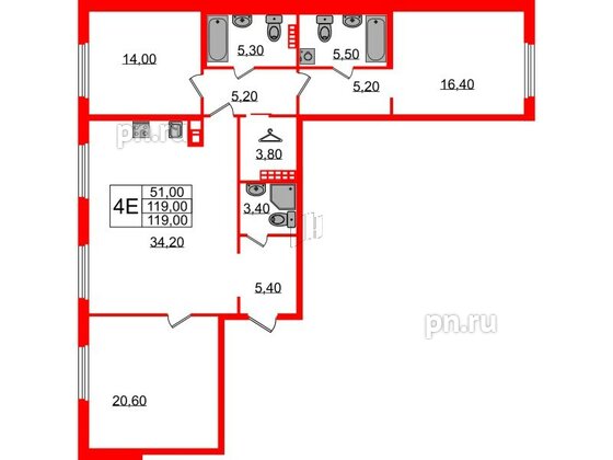 Квартира в ЖК Визионер, 3 комнатная, 119 м², 6 этаж