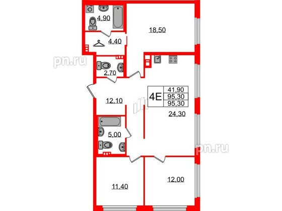 Квартира в ЖК Визионер, 3 комнатная, 95.3 м², 4 этаж