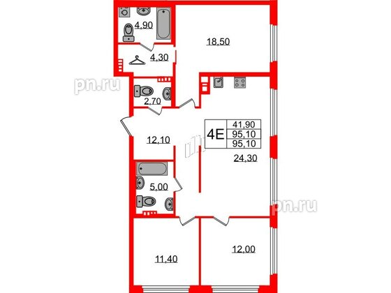 Квартира в ЖК Визионер, 3 комнатная, 95.1 м², 5 этаж