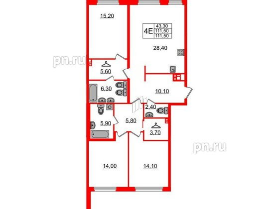 Квартира в ЖК Визионер, 3 комнатная, 111.5 м², 3 этаж