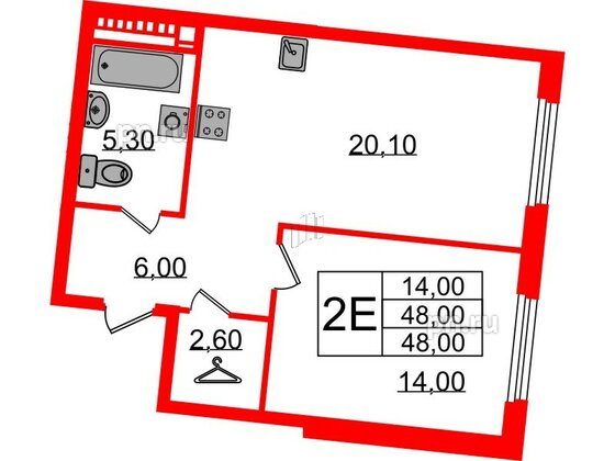 Квартира в ЖК Визионер, 1 комнатная, 48 м², 5 этаж
