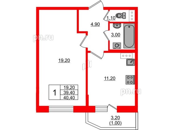 Квартира в ЖК Невская история, 1 комнатная, 39.4 м², 3 этаж