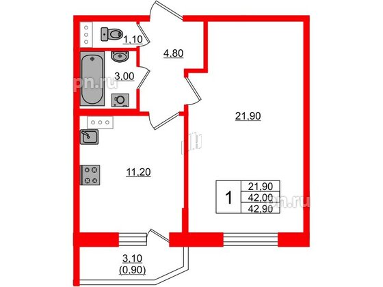 Квартира в ЖК Невская история, 1 комнатная, 42 м², 3 этаж