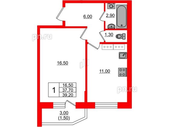 Квартира в ЖК Невская история, 1 комнатная, 37.7 м², 3 этаж