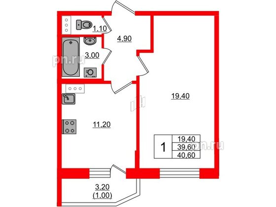 Квартира в ЖК Невская история, 1 комнатная, 39.6 м², 3 этаж