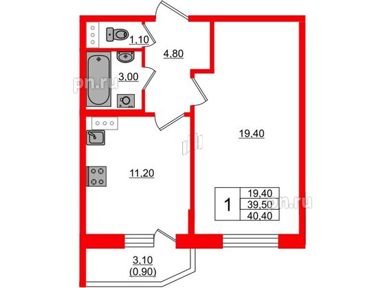 Квартира в ЖК Невская история, 1 комнатная, 39.5 м², 5 этаж