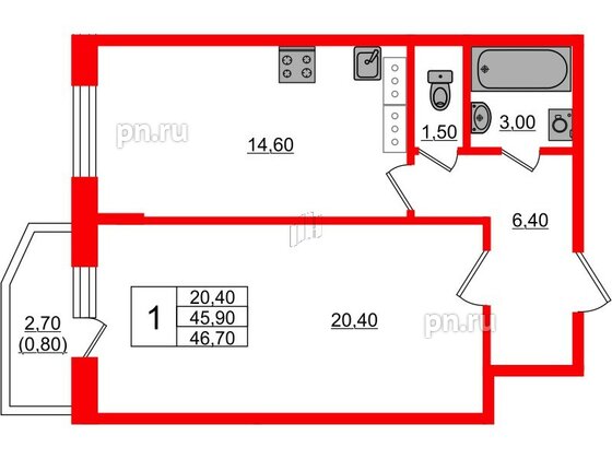 Квартира в ЖК Невская история, 1 комнатная, 45.9 м², 3 этаж