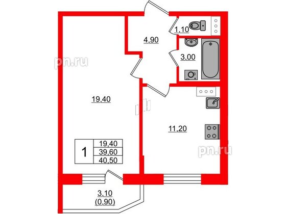 Квартира в ЖК Невская история, 1 комнатная, 39.6 м², 4 этаж