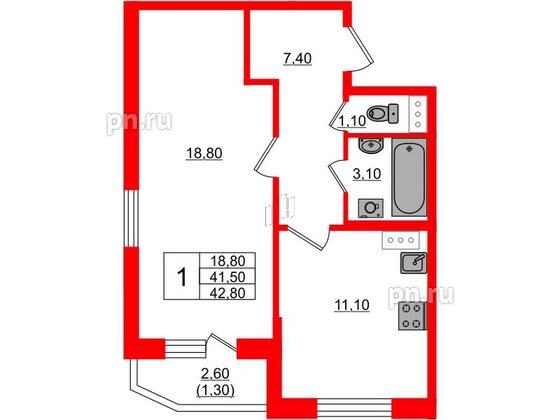 Квартира в ЖК Невская история, 1 комнатная, 41.5 м², 3 этаж