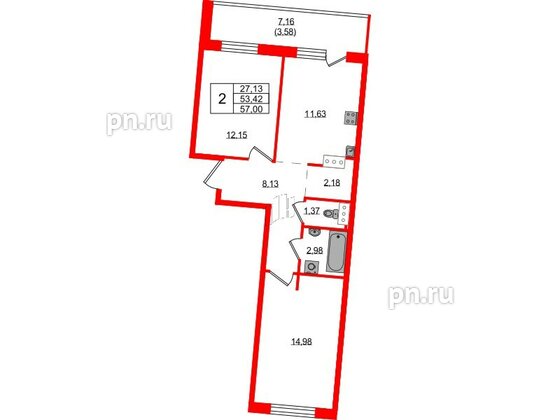 Квартира в ЖК Невский Берег, 2 комнатная, 57 м², 2 этаж