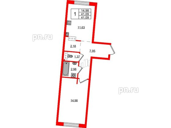 Квартира в ЖК Невский Берег, 1 комнатная, 41.09 м², 1 этаж