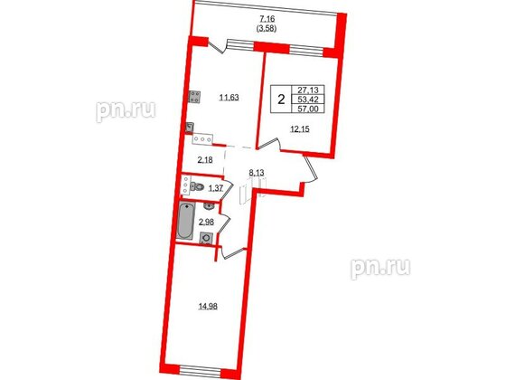 Квартира в ЖК Невский Берег, 2 комнатная, 57 м², 3 этаж