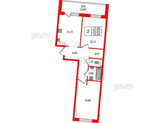 Квартира в ЖК Невский Берег, 2 комнатная, 56.88 м², 1 этаж