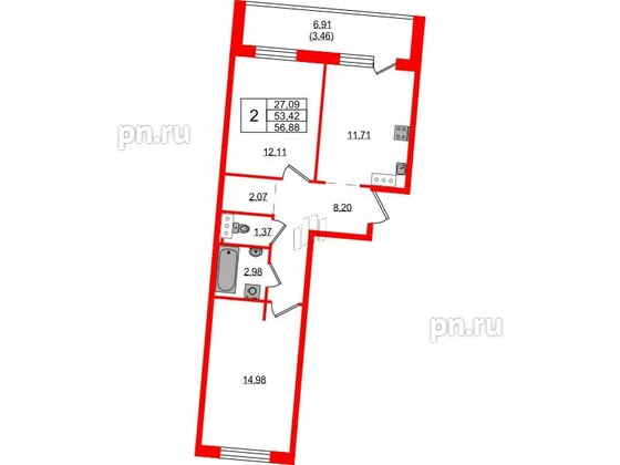 Квартира в ЖК Невский Берег, 2 комнатная, 56.88 м², 1 этаж