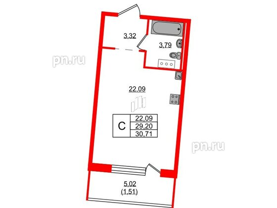 Квартира в ЖК Невский Берег, студия, 30.71 м², 2 этаж