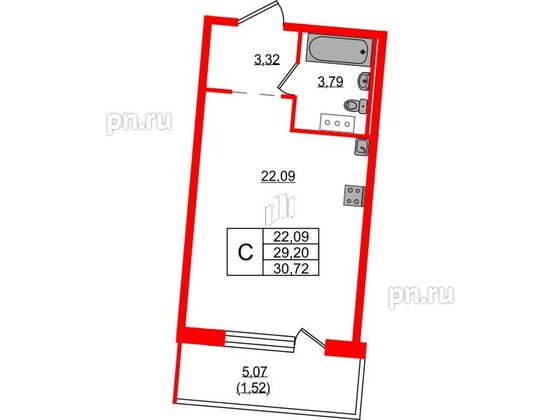 Квартира в ЖК Невский Берег, студия, 30.72 м², 3 этаж