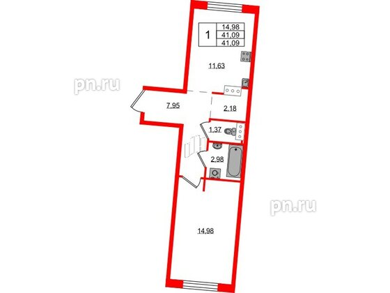 Квартира в ЖК Невский Берег, 1 комнатная, 41.09 м², 1 этаж