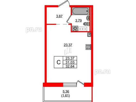 Квартира в ЖК Невский Берег, студия, 32.64 м², 4 этаж