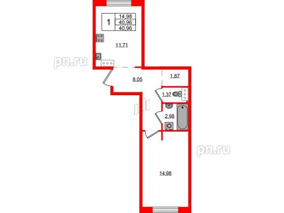 Квартира в ЖК Невский Берег, 1 комнатная, 40.96 м², 1 этаж