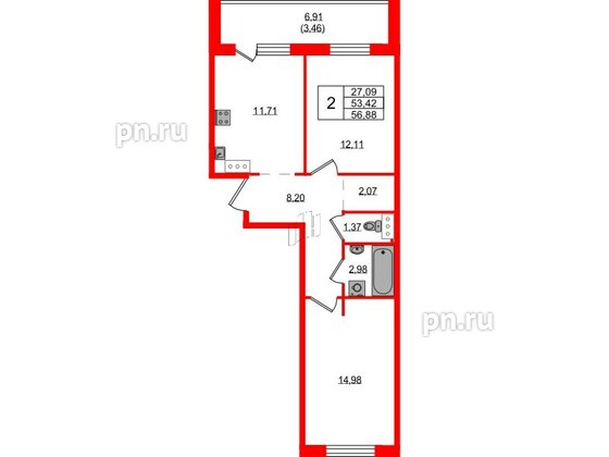 Квартира в ЖК Невский Берег, 2 комнатная, 56.88 м², 2 этаж