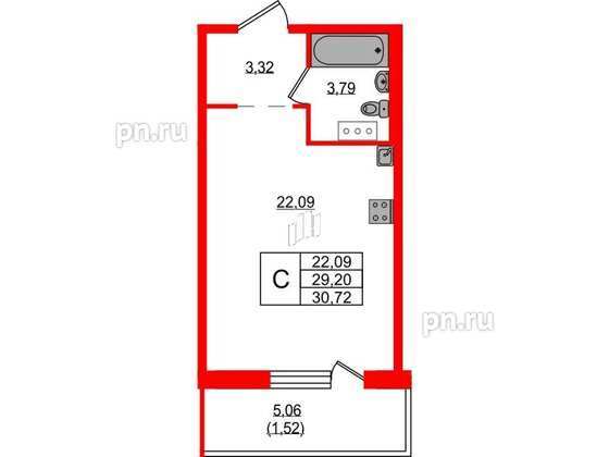 Квартира в ЖК Невский Берег, студия, 30.72 м², 2 этаж