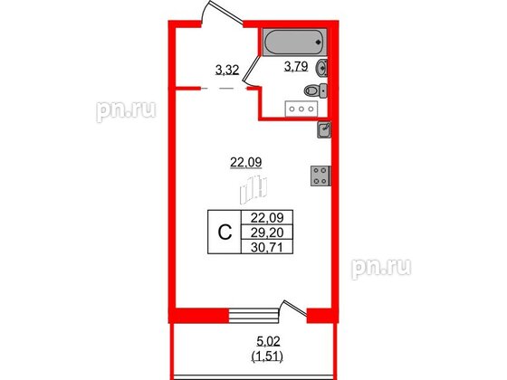 Квартира в ЖК Невский Берег, студия, 30.71 м², 2 этаж