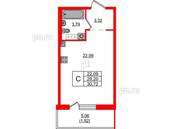 Квартира в ЖК Невский Берег, студия, 30.72 м², 3 этаж