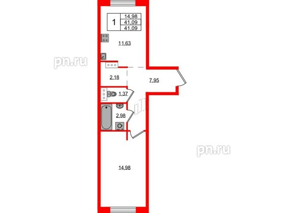 Квартира в ЖК Невский Берег, 1 комнатная, 41.09 м², 1 этаж