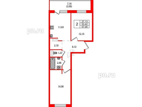 Квартира в ЖК Невский Берег, 2 комнатная, 57 м², 4 этаж