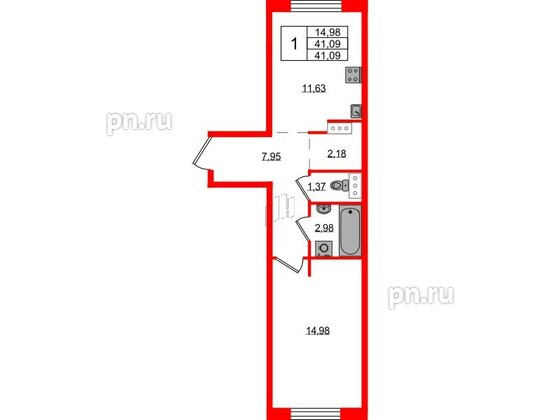 Квартира в ЖК Невский Берег, 1 комнатная, 41.09 м², 1 этаж