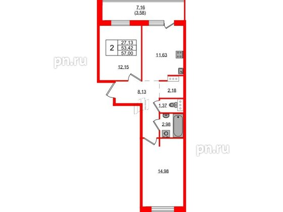 Квартира в ЖК Невский Берег, 2 комнатная, 57 м², 2 этаж