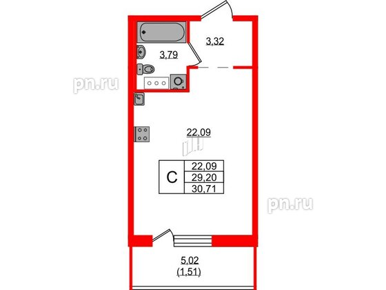 Квартира в ЖК Невский Берег, студия, 30.71 м², 2 этаж