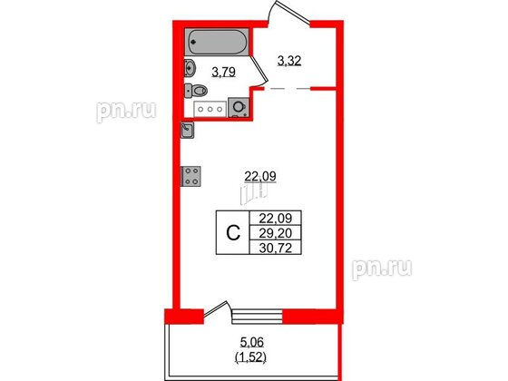 Квартира в ЖК Невский Берег, студия, 30.72 м², 2 этаж