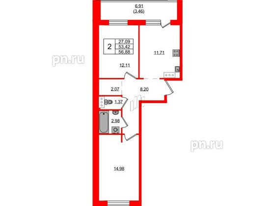 Квартира в ЖК Невский Берег, 2 комнатная, 56.88 м², 1 этаж