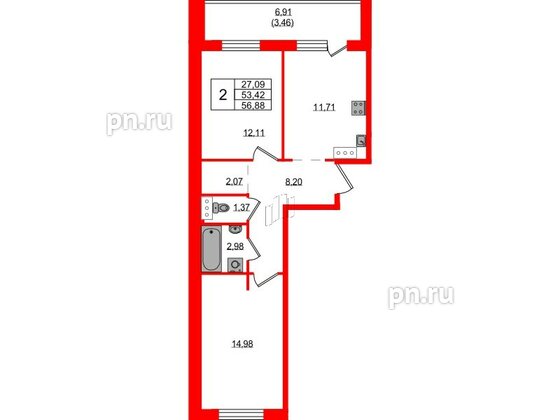 Квартира в ЖК Невский Берег, 2 комнатная, 56.88 м², 2 этаж