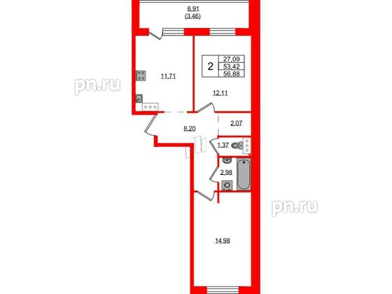 Квартира в ЖК Невский Берег, 2 комнатная, 56.88 м², 1 этаж